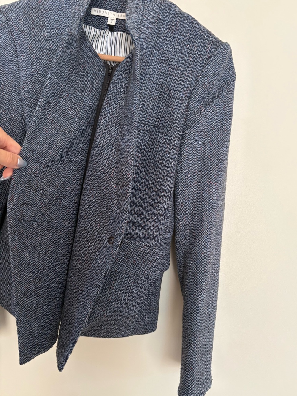 Veronica Beard Celina Upcollar Dickey Herringbone Wool Blend Blazer Blue Sz 4 - Picture 3 of 7